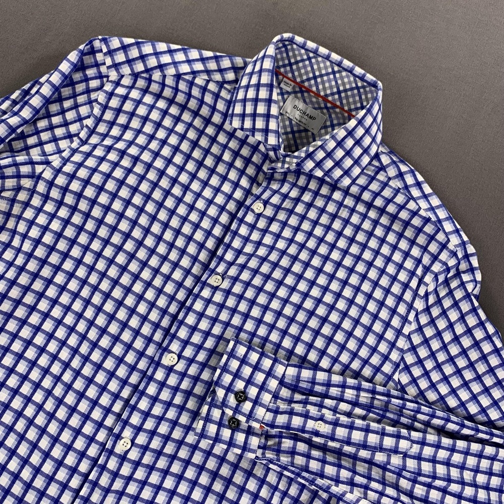 Duchamp Dress Shirt Mens 16 34/35 Blue Tattersall Check 100% Cotton Slim‎ Fit